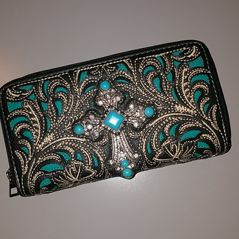 Western leather wallet with turquoise cross